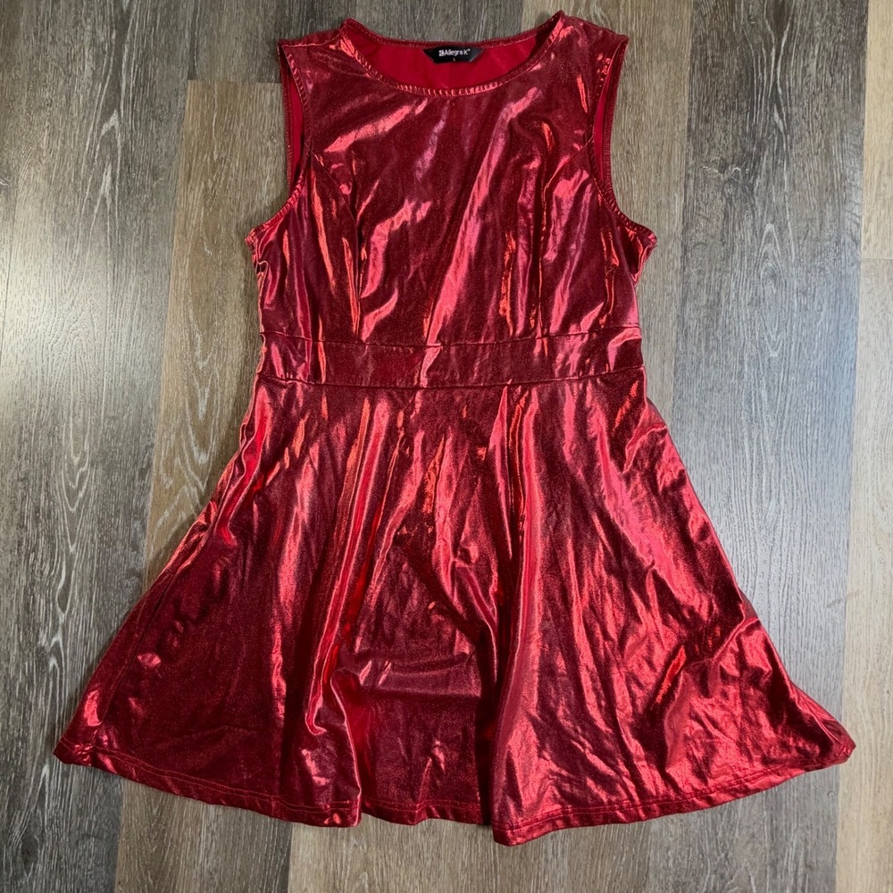Allegra K Skater Dress Women Large Red Metallic Shiny Sleeveless Fit Flare Mini